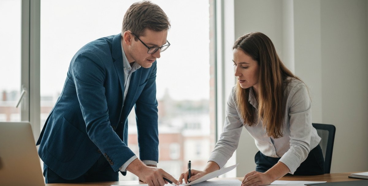 Two colleagues reviewing printed project notes together at a desk in a bright British office