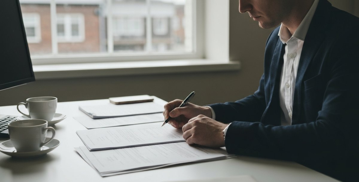 A UK office worker reading through printed paperwork at a tidy desk near a window