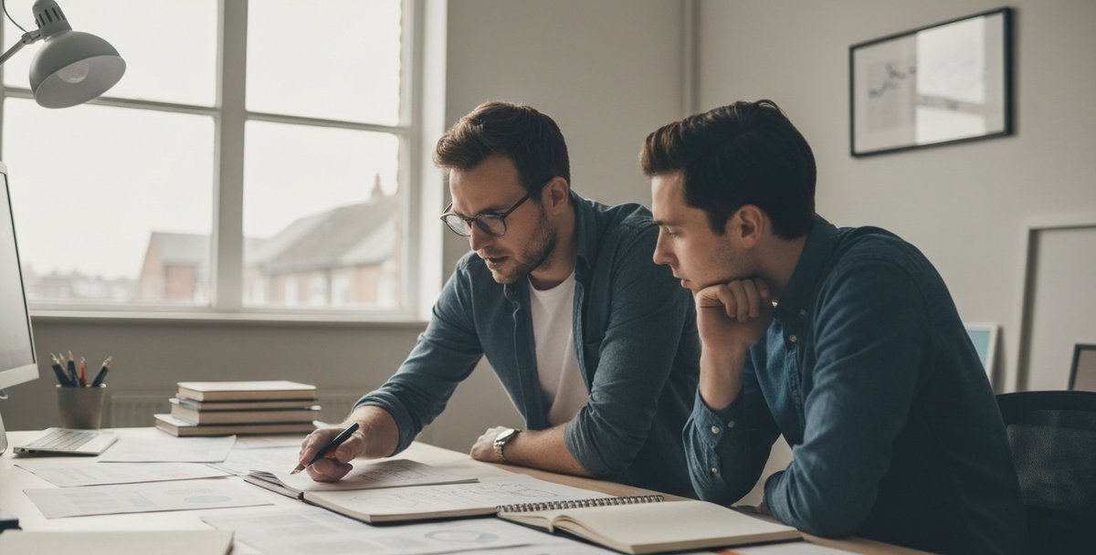 App project manager and developer reviewing printed project notes together at a desk in a UK studio