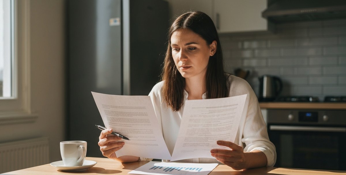 Small business owner comparing two paper quotes side by side at a kitchen table with a coffee