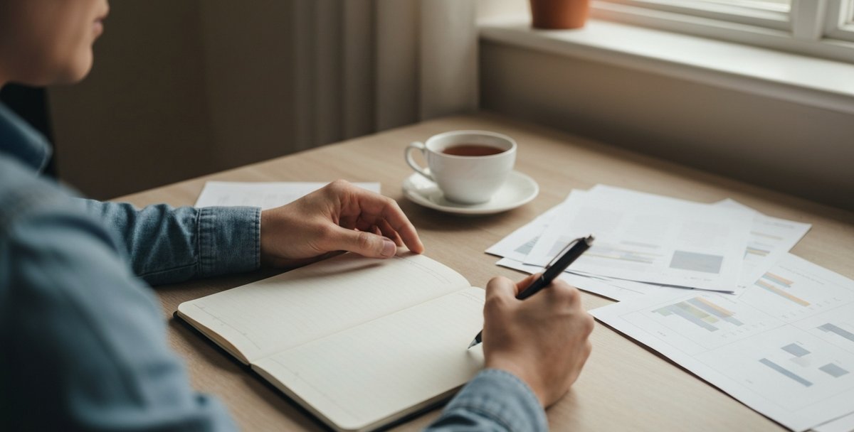 Copywriter drafting an article outline in a notebook at a bright UK home office desk
