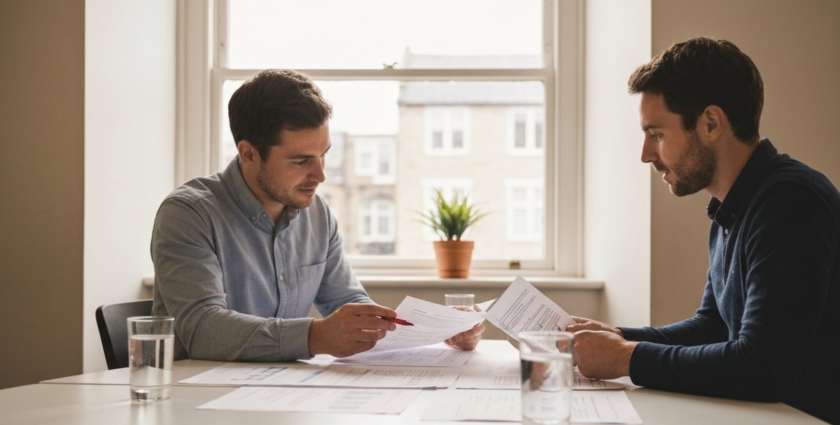 Two colleagues reviewing printed content drafts at a bright meeting table in a UK office