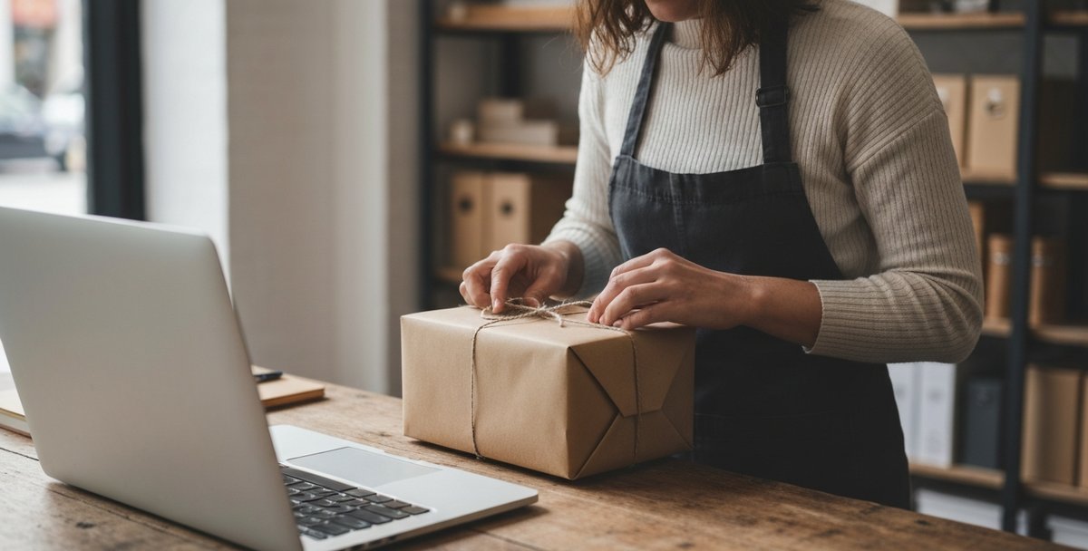 Independent boutique owner in the UK packing a brown-paper parcel at a wooden shop counter with a laptop open beside them