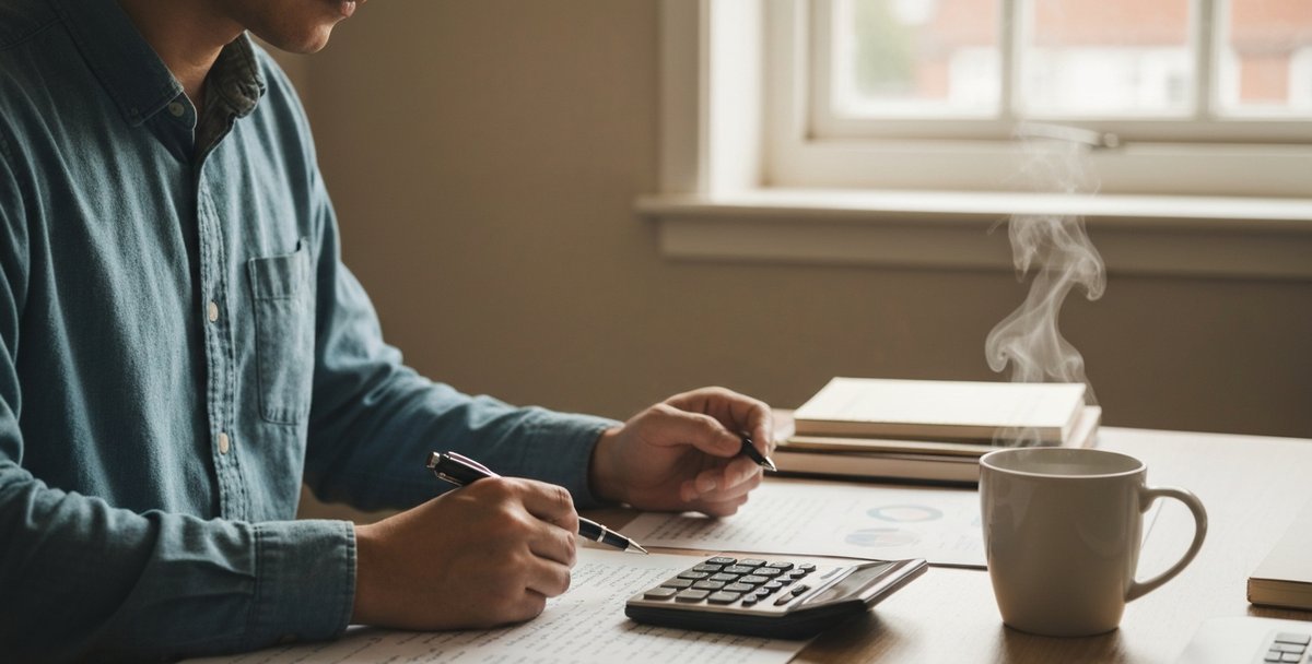 Focused person at a tidy UK home-office desk comparing options on paper notes with a calculator and a mug of tea