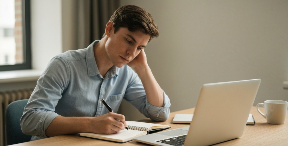 A UK content strategist writing notes by hand beside a laptop at a tidy desk in soft daylight