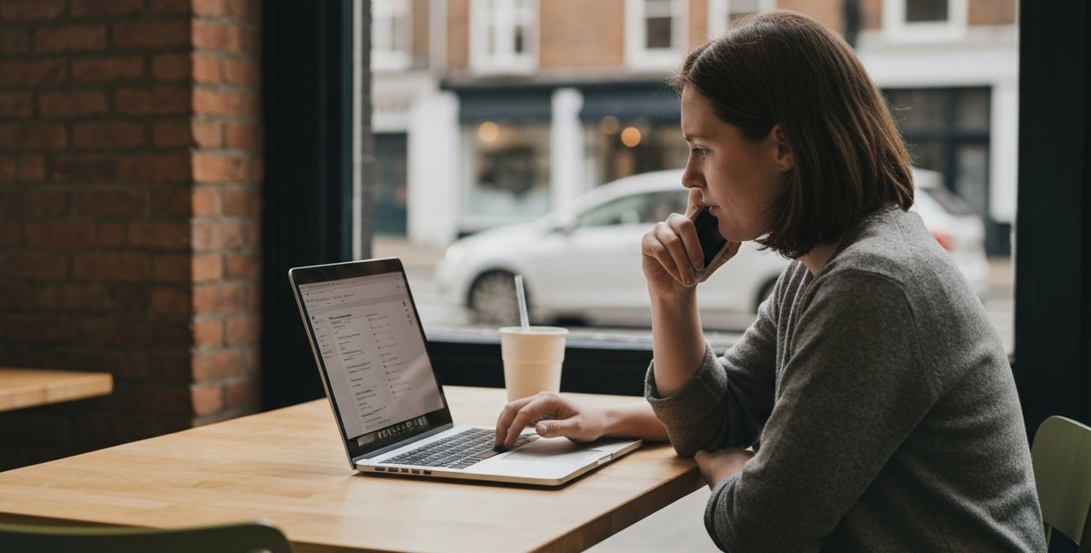 A person researching on a laptop and phone at a cafe-style table in a UK city, candid daylight
