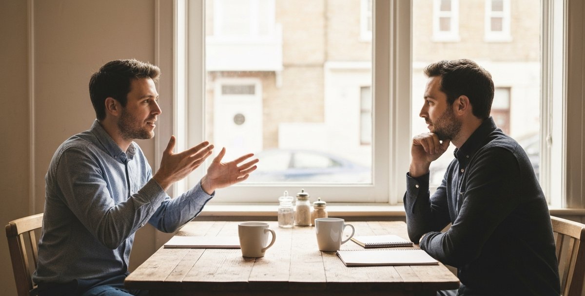 A marketing freelancer and a small shop owner sitting together at a wooden table in a Bristol cafe, talking through a printed quote over coffee