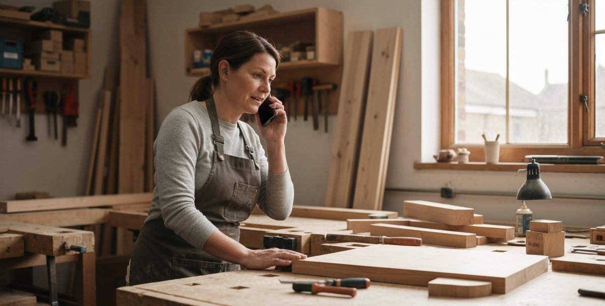 A tradesperson in a workshop pausing to take a phone enquiry, holding the handset to her ear while standing at her workbench