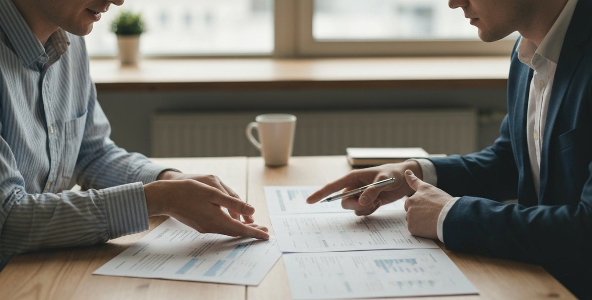 Two marketers at a Cardiff office desk comparing two printed marketing strategy sheets during a discussion