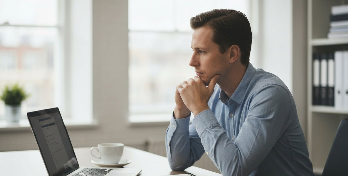 UK small business owner sitting thoughtfully at a laptop in a bright office with a notebook and coffee on the desk