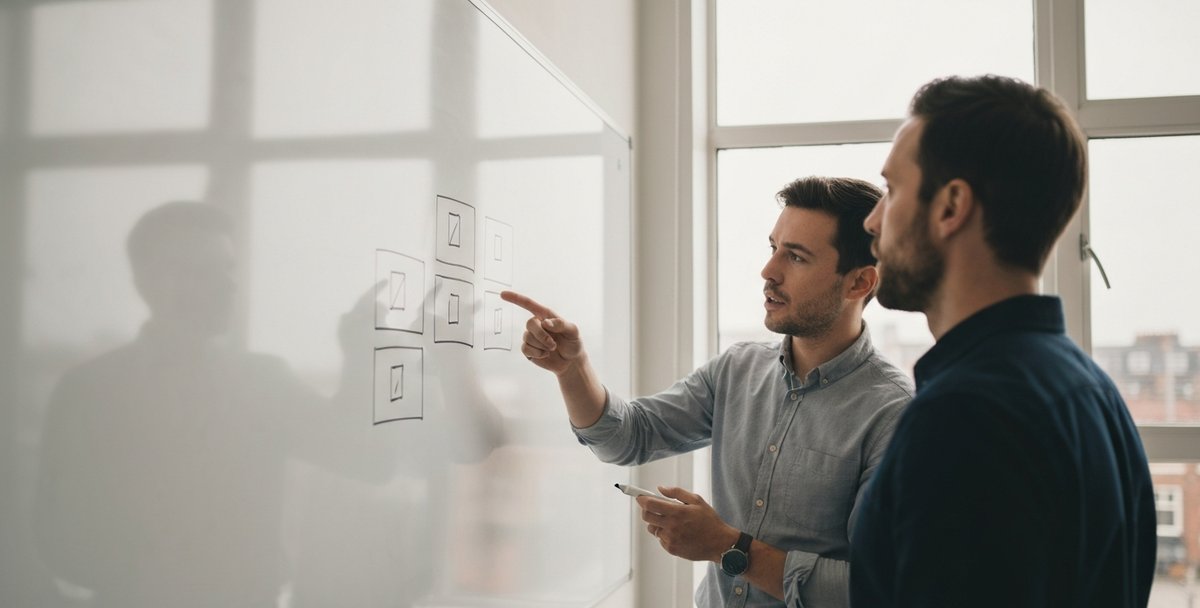 A UK marketing team gathered around a whiteboard sketching out a campaign landing page layout in a bright Cardiff office