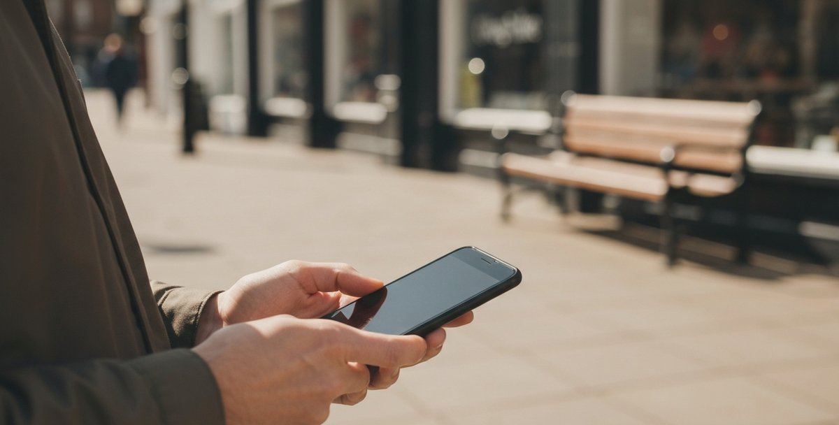 A person checking a website on their smartphone outdoors on a UK high street during a break from work