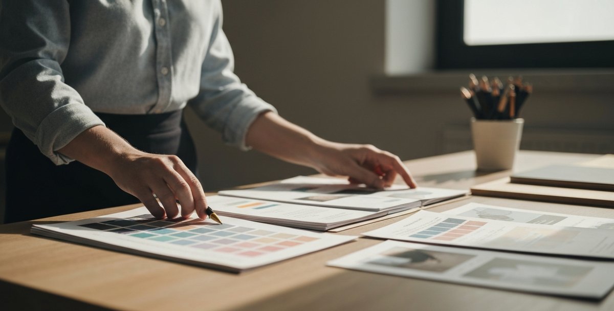 A business owner reviewing printed brand materials and a logo sheet on a desk while preparing assets for a website build