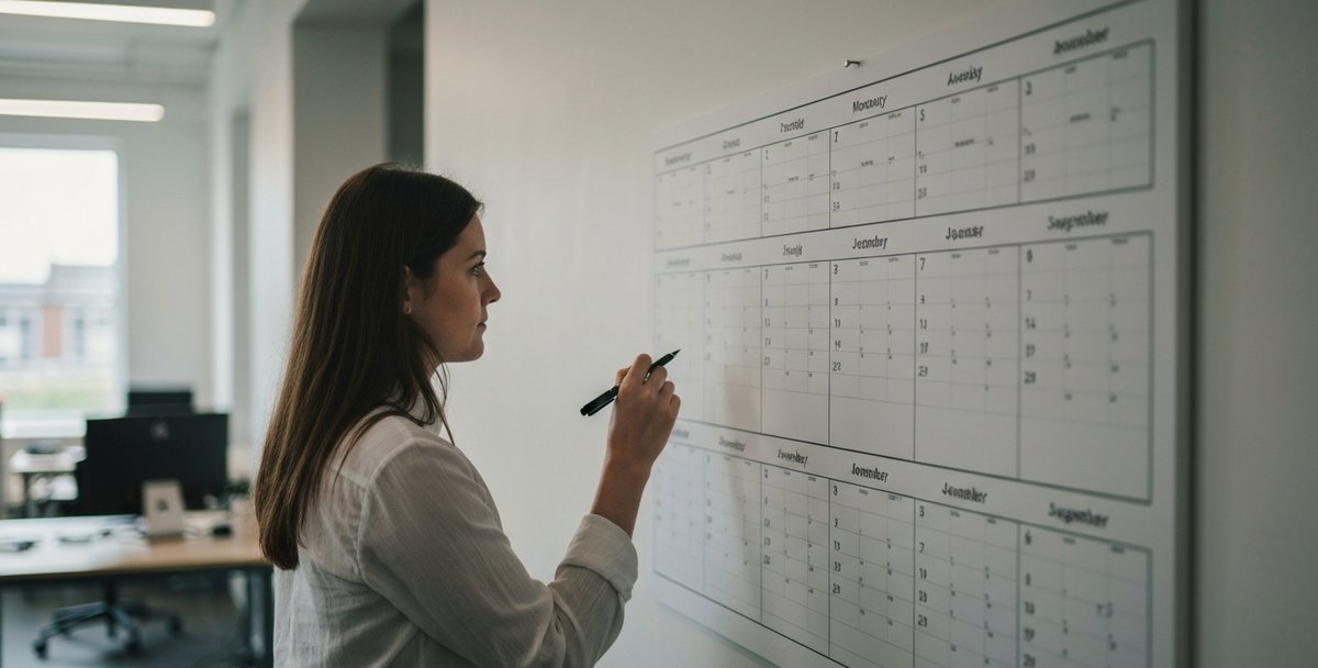 Business owner studying a large wall planner covered in month columns in a bright Cardiff office