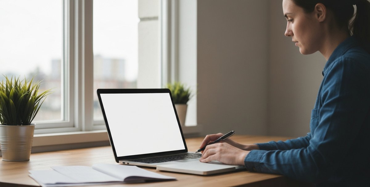 Marketing analyst reviewing notes in a notebook beside a laptop under soft window light in a UK studio