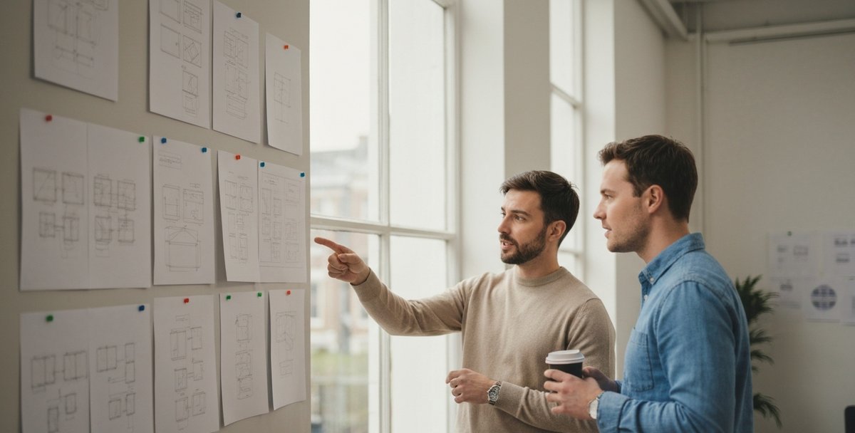 Two product designers in a Bristol studio reviewing printed app wireframes pinned to a wall