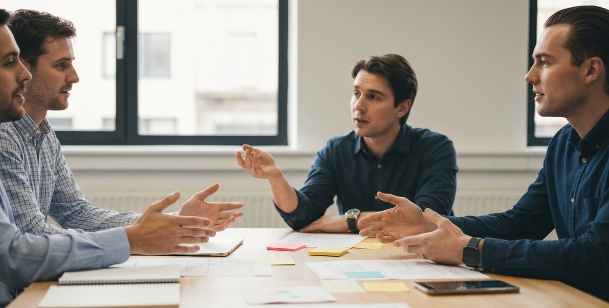 A small UK project team gathered around a meeting table mid-discussion in a daylit office