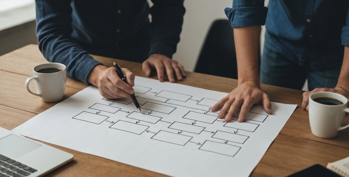 UK developer and SEO specialist reviewing a printed website sitemap with redirect arrows before a migration