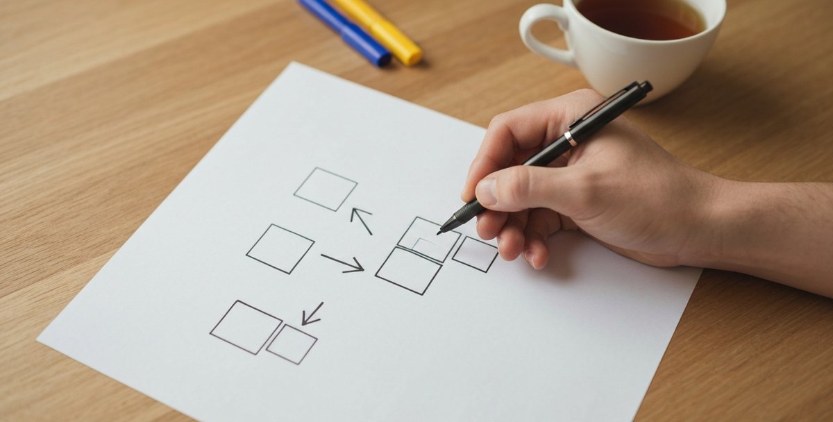 Close-up of hands annotating a printed website structure diagram with a pen during a UK site migration