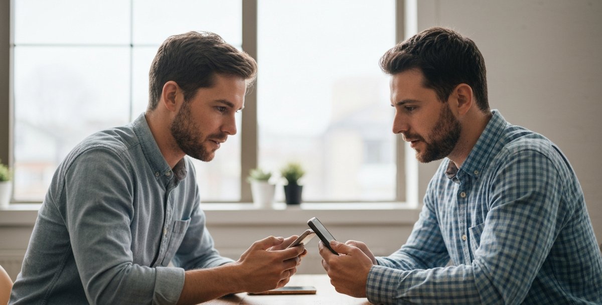 Two app developers in a Cardiff studio comparing notes at a shared desk while reviewing work on their phones