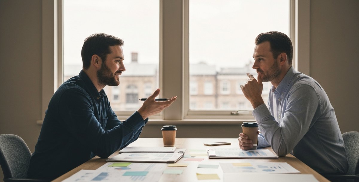 A small business owner and an agency project lead discussing a project budget over printed notes in a UK office meeting room