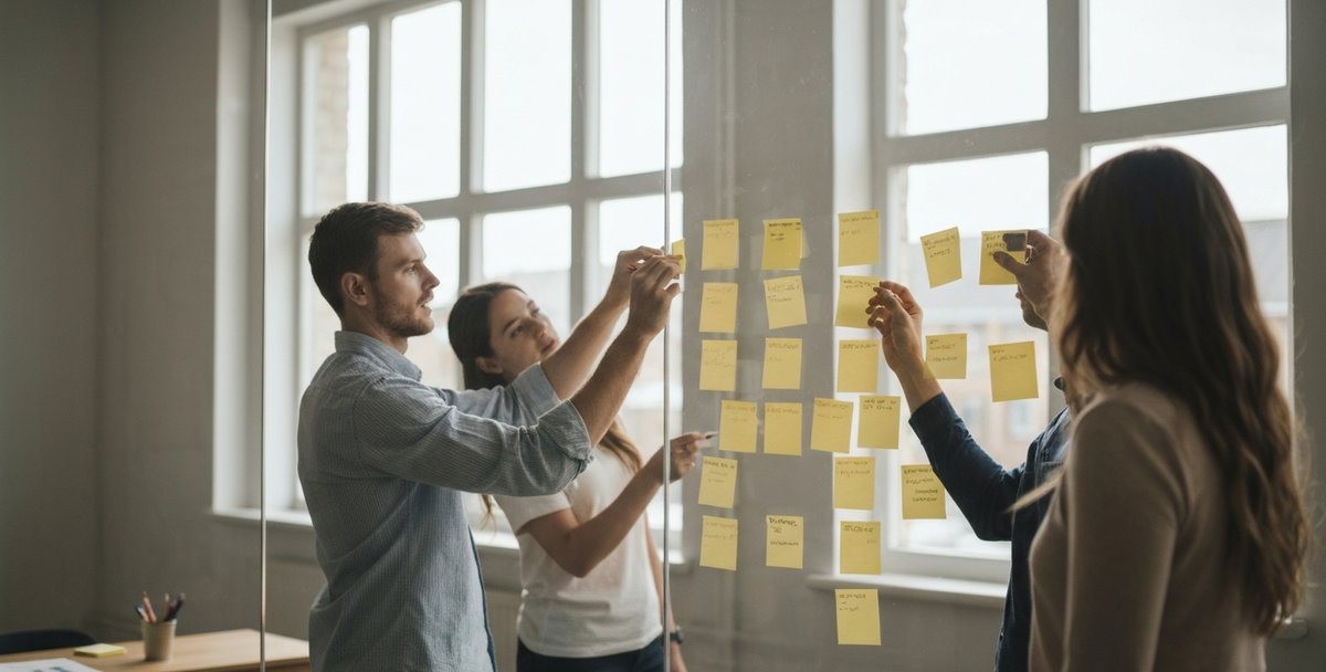 Two founders and a product designer grouping sticky notes on a glass wall during an MVP scoping session in a Cardiff studio