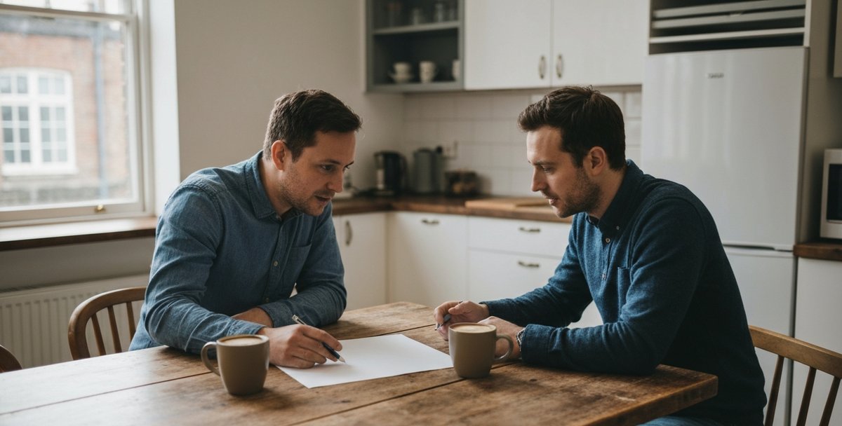 A founder and developer talking over coffee at a kitchen-style table in a UK co-working space while reviewing a printed roadmap on paper