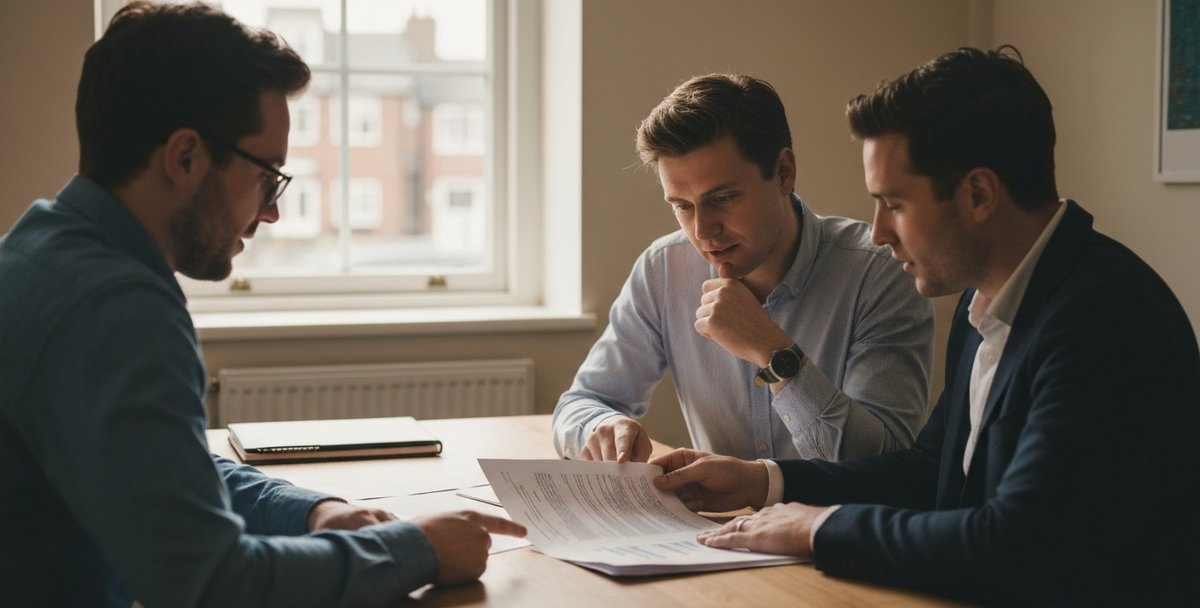 Two small business owners reviewing a printed agency contract together across a desk in a Cardiff office