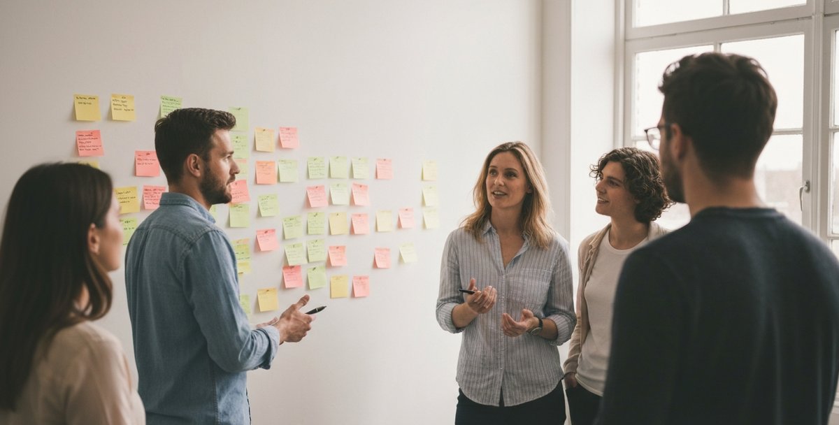 A team in a Cardiff workspace gathered around a wall of paper notes during a monthly progress catch-up