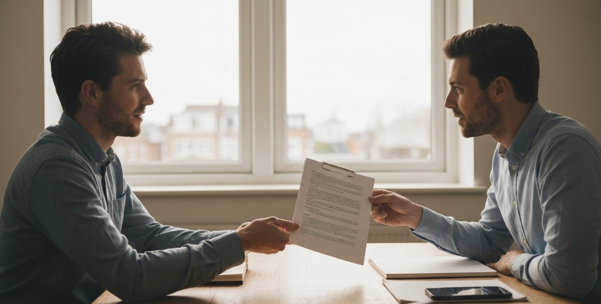 A small business owner reviewing paperwork with an adviser across a desk in a bright UK office