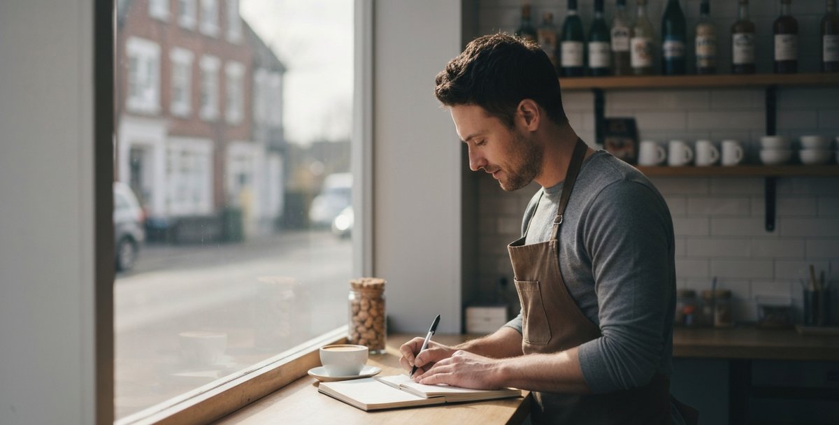 A café owner going over monthly figures with a notebook and coffee at the counter of a UK high-street shop