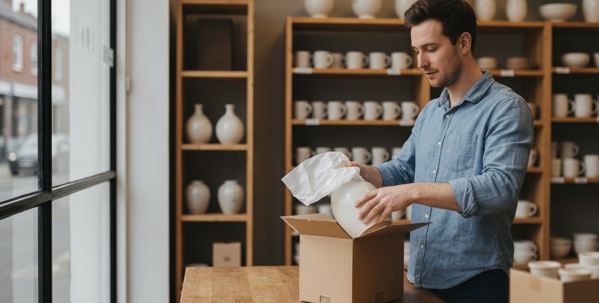 Owner of a small UK homeware shop carefully packing a ceramic order into a cardboard box at a sunlit counter surrounded by stock shelves
