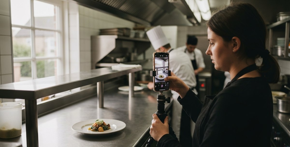 Content creator filming a plated dish in a UK restaurant kitchen for social media reels