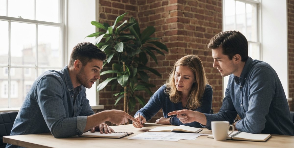 Small marketing agency team reviewing printed content plans together around a meeting table in a UK office