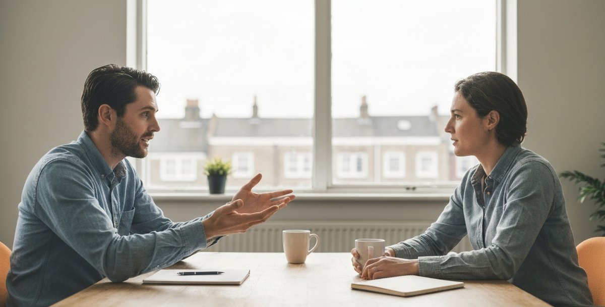A small business owner and a web designer talking across a table during an early project meeting in a Cardiff office