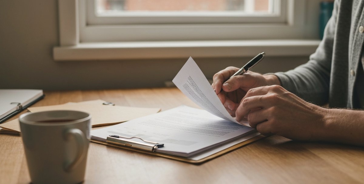 A business owner reviewing a printed project proposal with a pen at a kitchen table in natural light