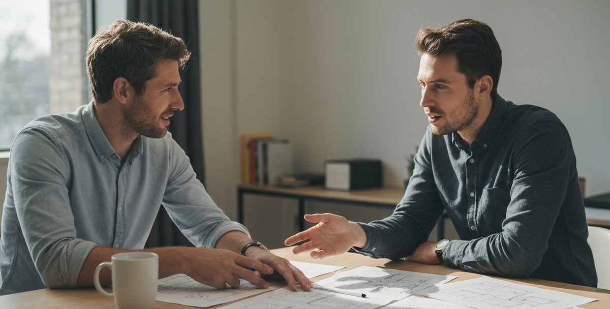 Two UK web designers reviewing printed wireframe sketches together at a bright studio table during a remote project catch-up