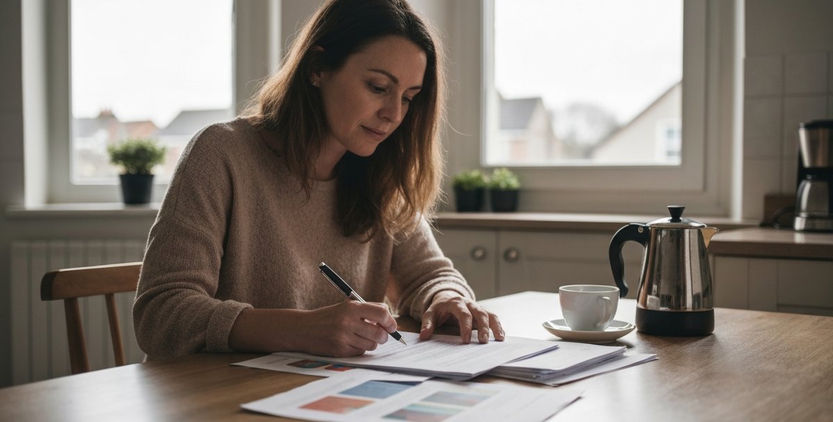 A UK business owner sitting at a kitchen table going through a printed agency proposal with a pen and a cup of coffee