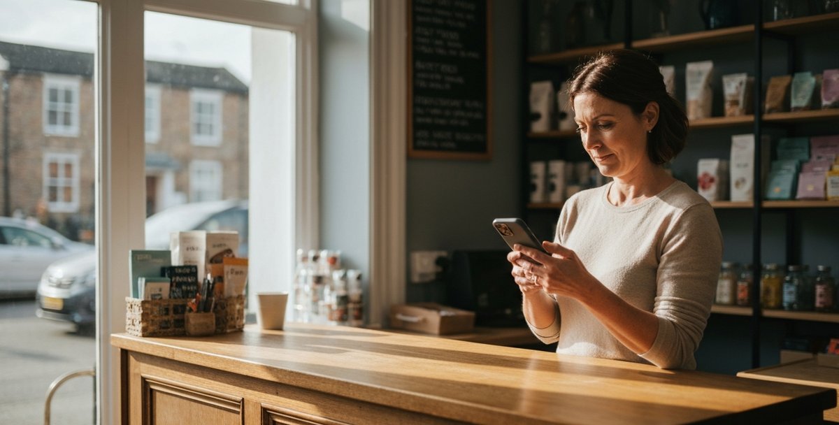 A small UK shop owner reading her business website on a phone behind the counter of a Cardiff high-street store