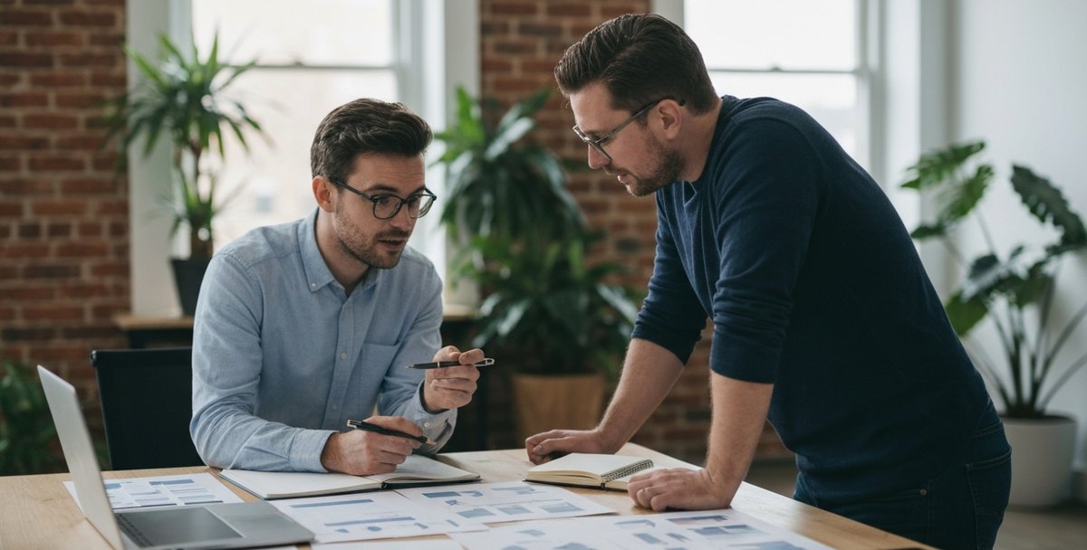 Two UK colleagues reviewing printed page layouts on a table during a project planning session in a bright office