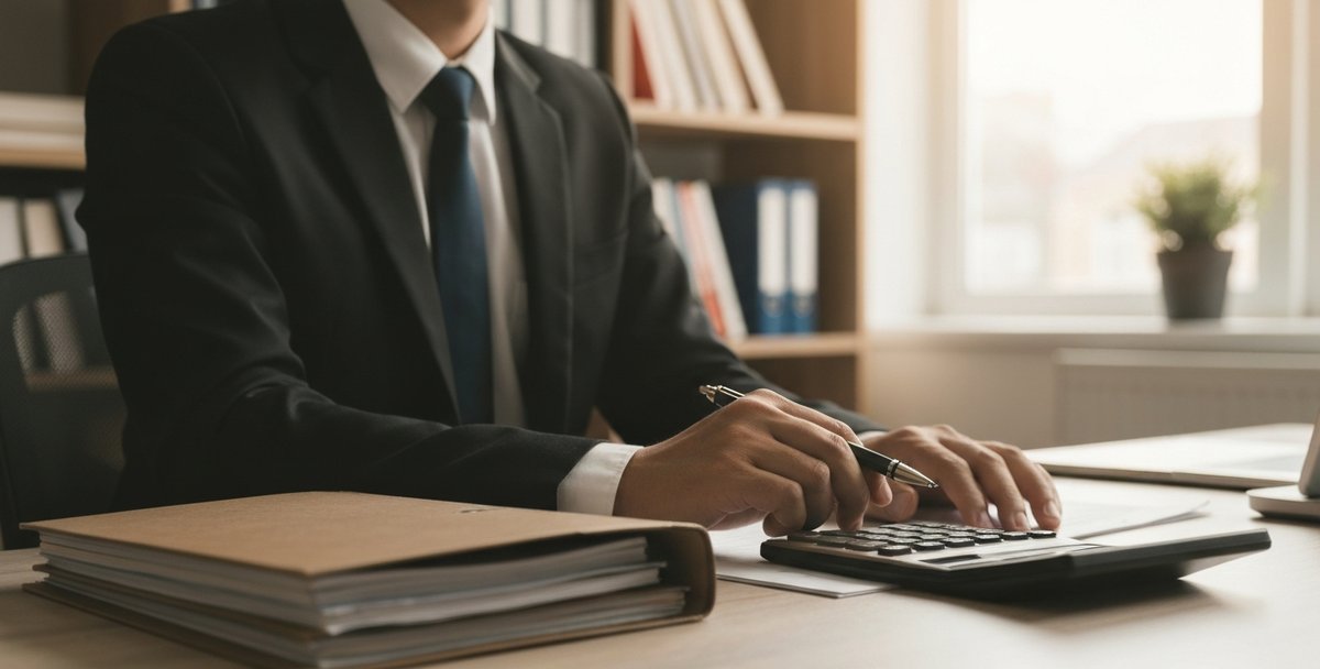 UK accountant at a modern desk with financial documents and a calculator in natural daylight