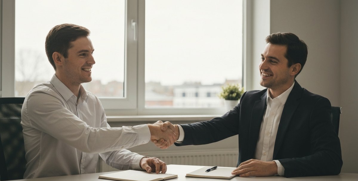 Small business owner and accountant shaking hands in a modern UK office