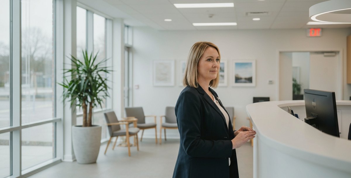 UK dental practice reception desk with a bright modern waiting area visible in natural daylight