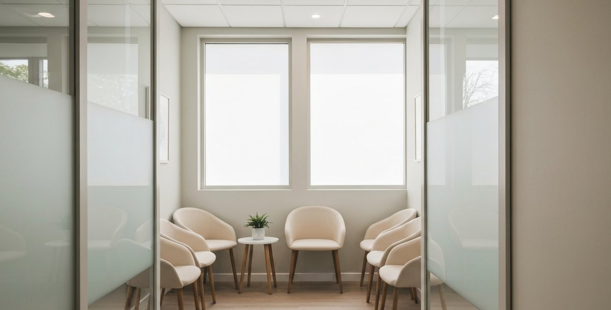 Clean modern UK dental practice waiting room with comfortable seating and natural daylight