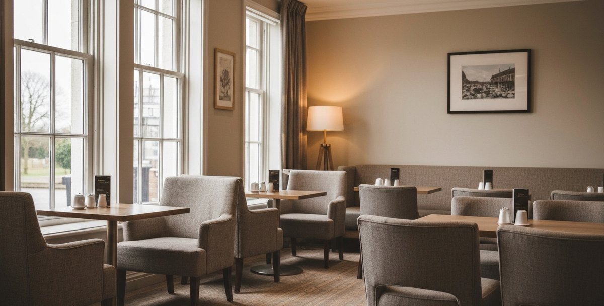 Hotel waiting area with comfortable seating and a front desk visible in the background of a UK hotel