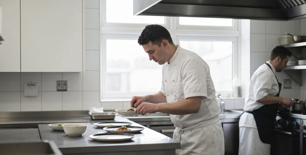 UK restaurant kitchen with chef preparing food for orders