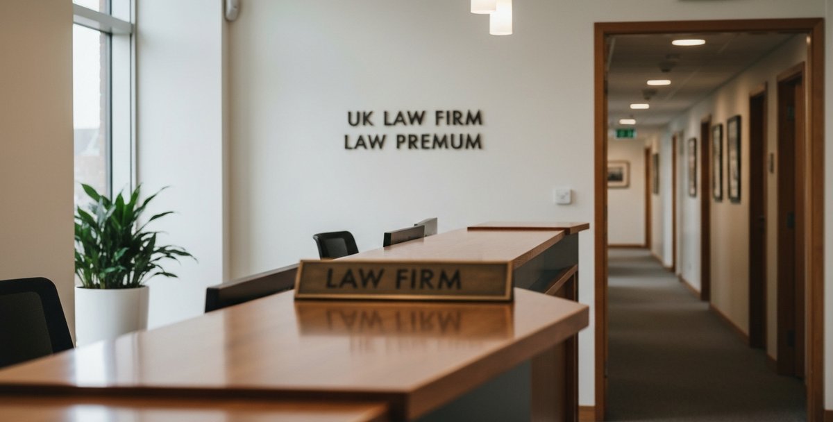 UK law firm reception with polished nameplate and natural daylight
