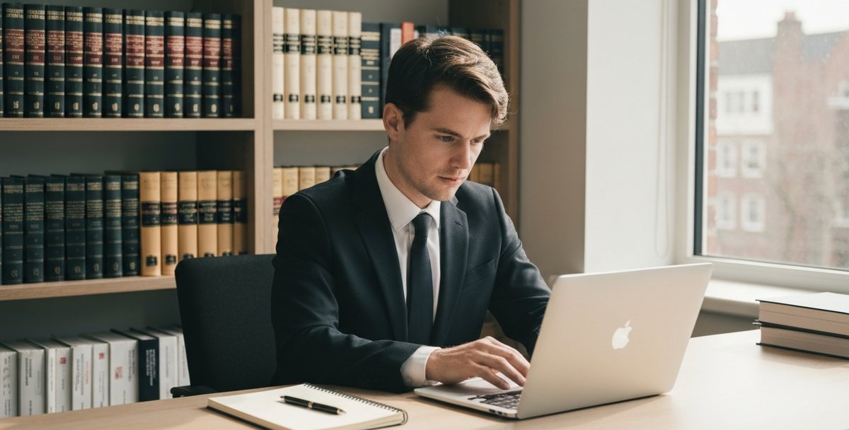 Solicitor at a modern office desk with a laptop showing a clean law firm website