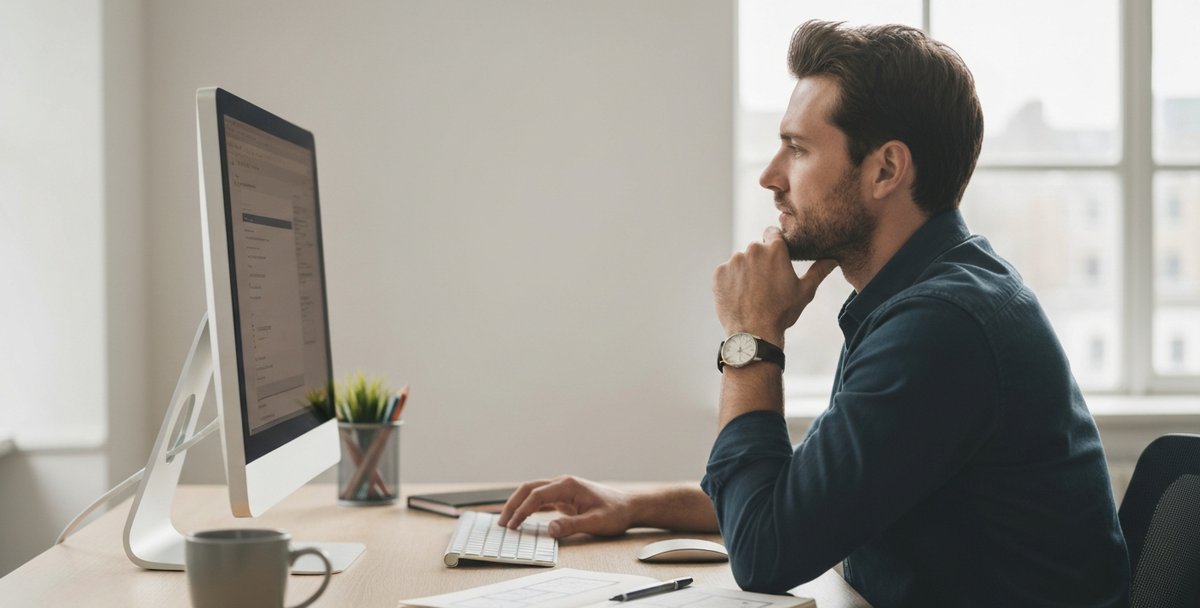 UK web designer reviewing a website redesign layout on a large monitor in a Cardiff studio