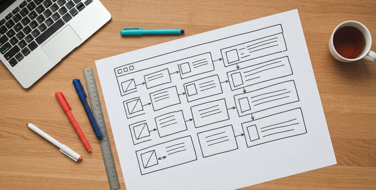 Printed website wireframe sketches and a laptop on a designer desk during a UK redesign project